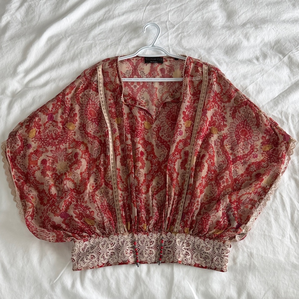 The Kooples Red Paisley Sheer Boho Blouse Lace Trim Size 1